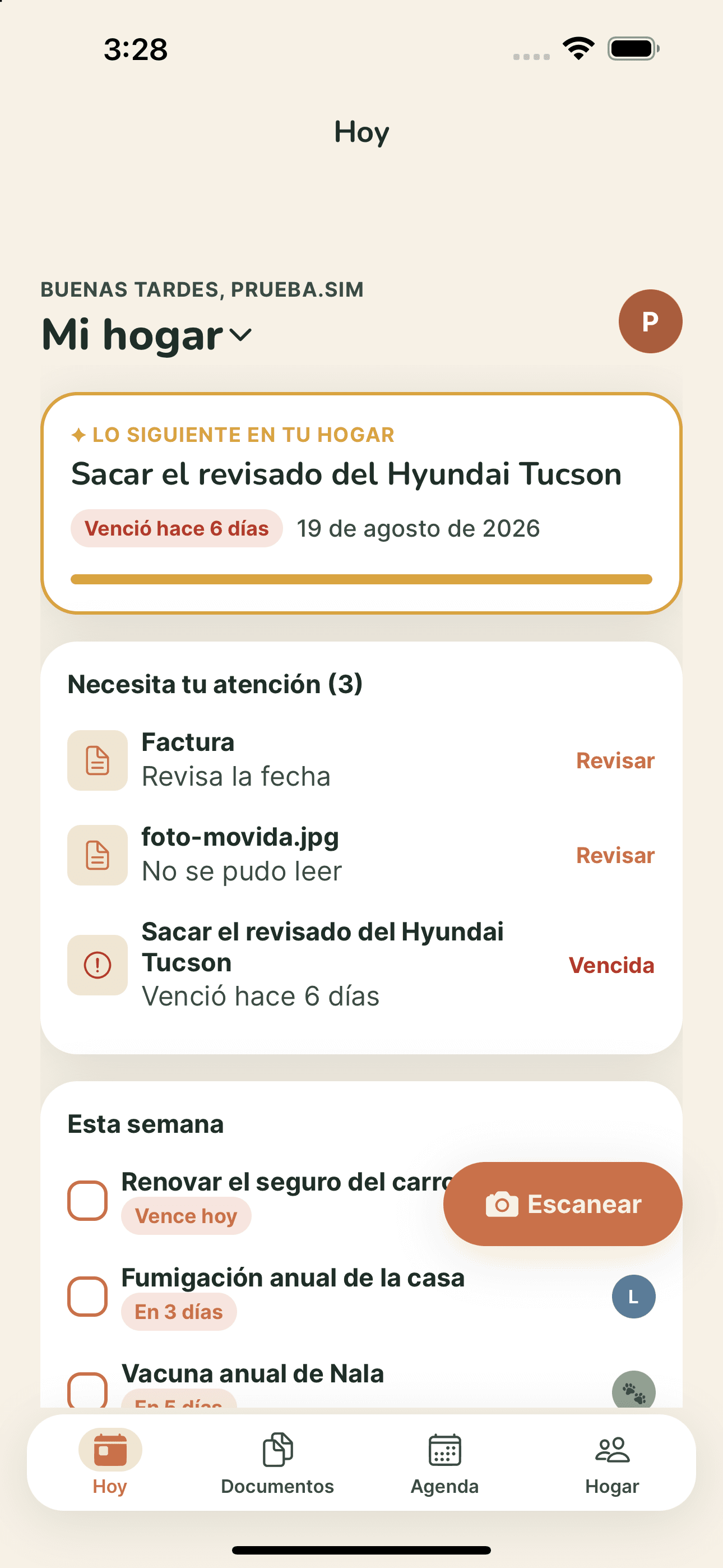 Pantalla de inicio de Havli: la revisión vehicular del carro vencida hace seis días, tres cosas que necesitan atención y las tareas de esta semana.