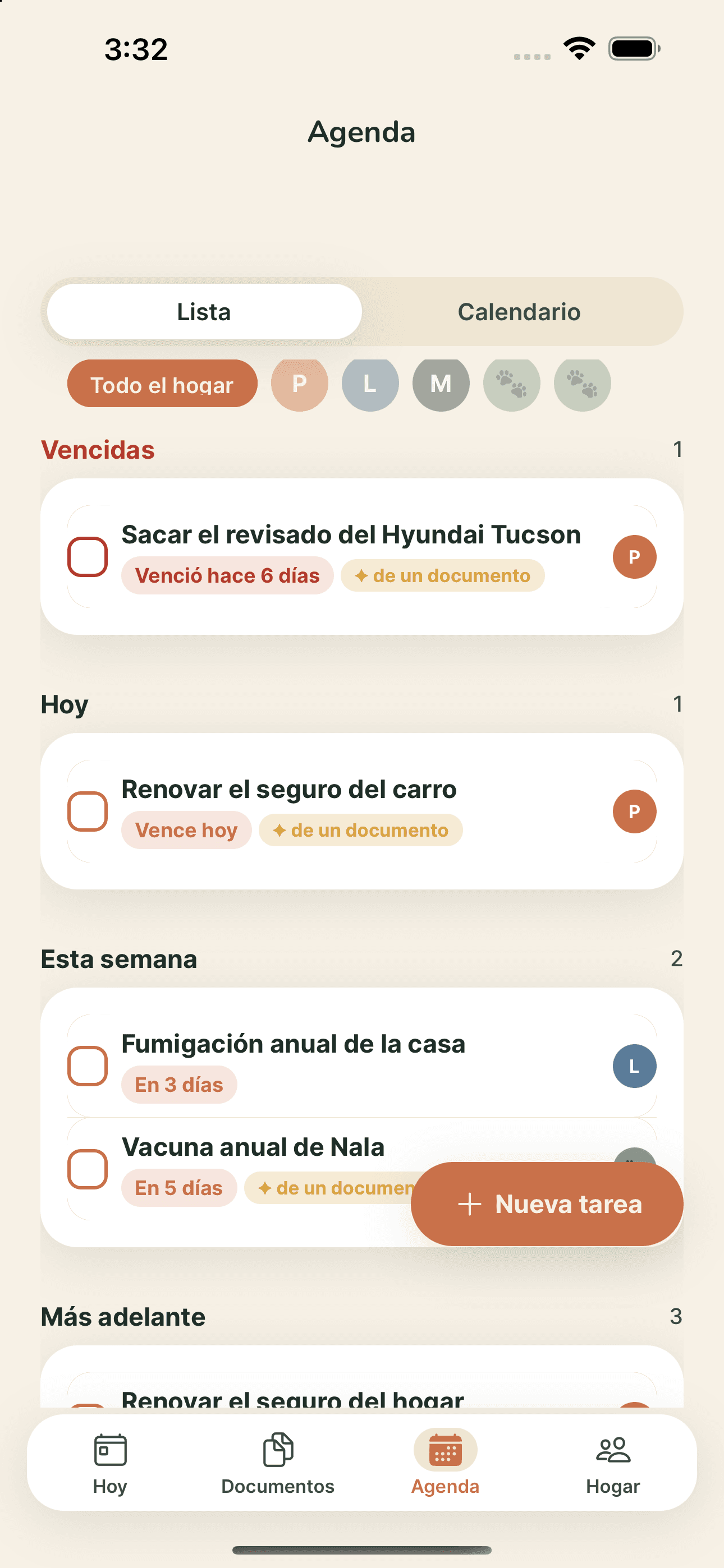 La agenda del hogar agrupada en vencidas, hoy y esta semana, con las tareas que Havli creó a partir de un documento marcadas como tales.